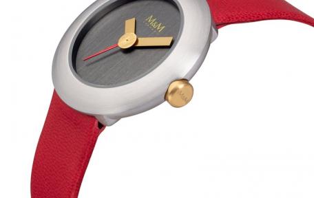 M&M horloge bicolor edelstaal rode lerenband