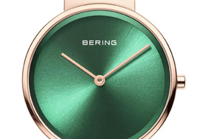 Beringhorloge bering horloge groen horloge rosé horloge mesh horlogeband metalen band