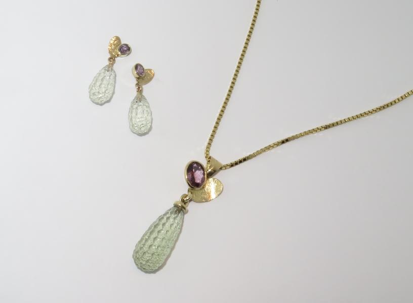 Geelgouden hanger met rose Saffier en Prasioliet